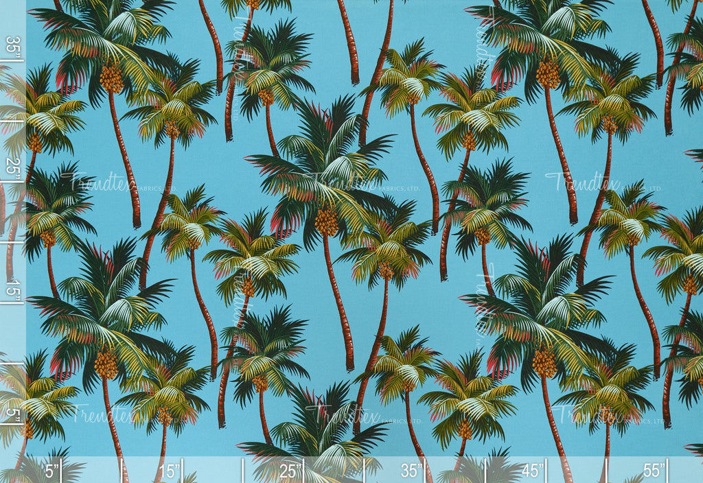Palm Trees - Sample Swatch Sample Aqua (Dye Lot: 80114) Hawaii Barkcloth Trendtex Fabrics Upholstery Drapery Hawaiian Patio, Outdoor, Wicker, Rattan Material, Furniture, Sofa, Chair, Barkcloth, Upholstery, Hawaiian, Hawaiian, Tropical, Classic Fabric